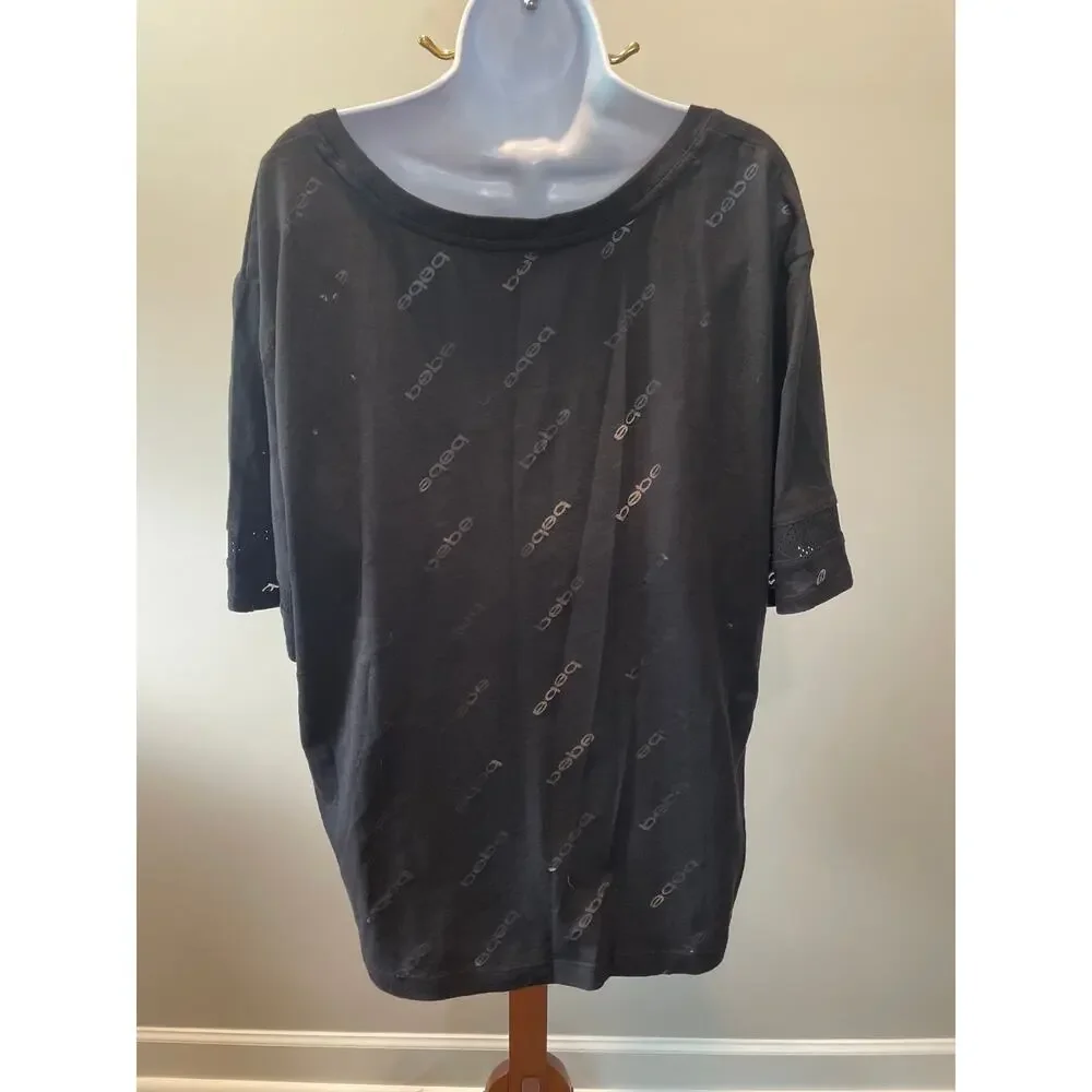 Bebe Sport Top Size 2X Black Logo Pattern Crew Neck Lightweight - Picture 2 of 7